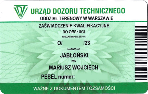 Licencja UDT - Urząd Dozoru Technicznego